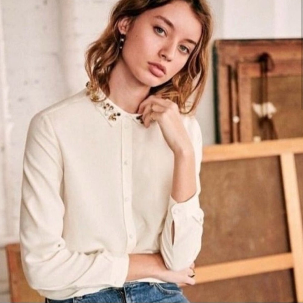 Sezane Embellished Silk Clasdic Button-Up Blouse -size 4 / FR 36)